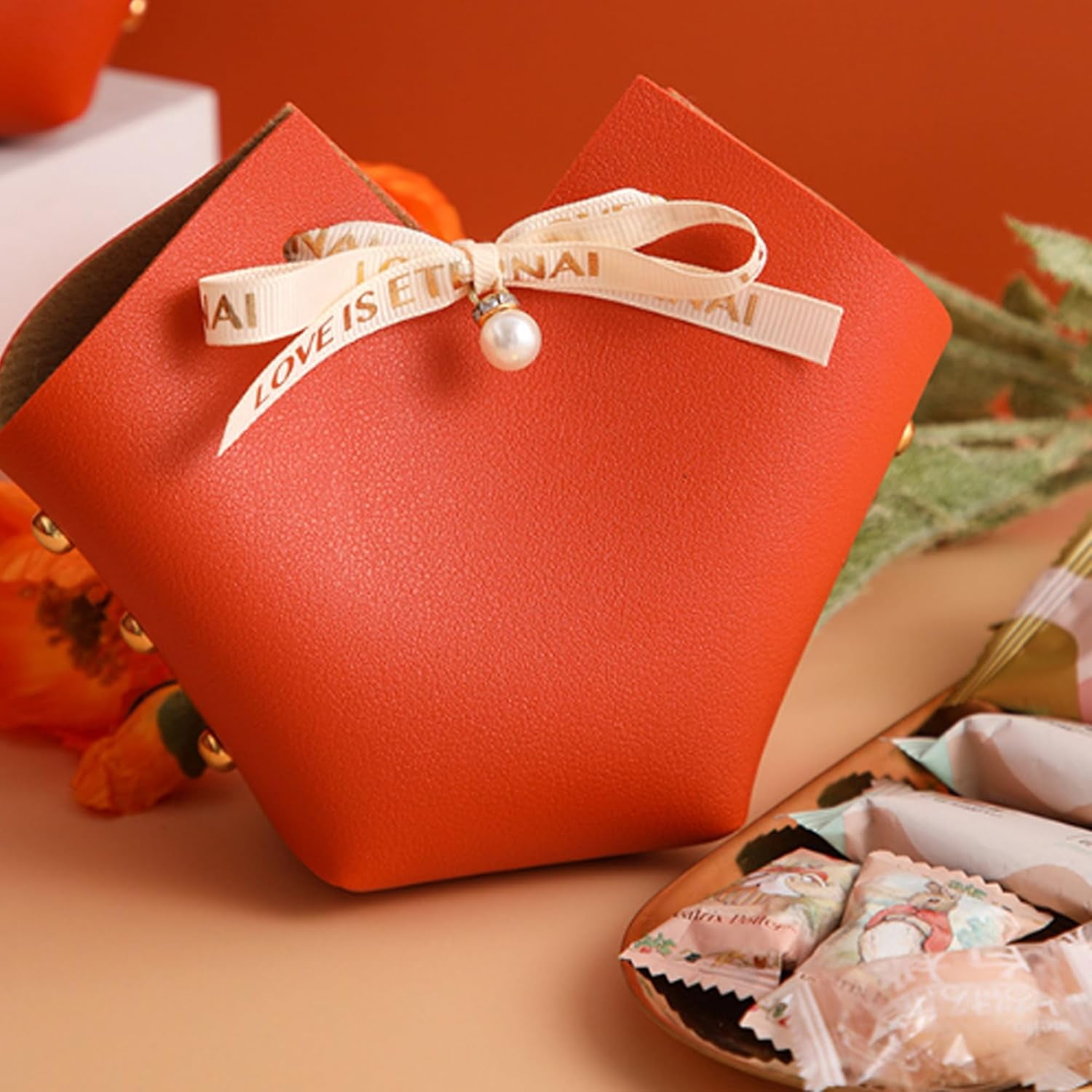10 Pack Leather Bowknot Gift Boxes: Party Favor Bag Candy Gift Party Favor Boxes, Mini Gift Bags with Handles, Reusable Gift Bag for Baby Showers Wedding Christmas Party Valentines's Day (Orange)