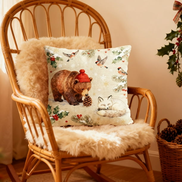 Funda de almohada de lino con adornos navideños, funda de almohada decorativa navideña con estampado gráfico de animales lindos, 45 x 45 cm, decoración de Halloween, decoración de otoño, decoración de