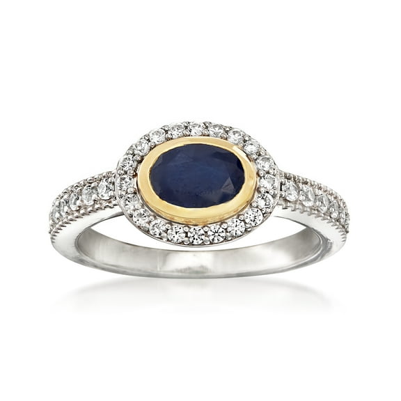 Ross-Simons 1.00 Carat Sapphire and .50 ct. t.w. White Zircon Ring in Sterling Silver With 14kt Yellow Gold, Women's, Adult