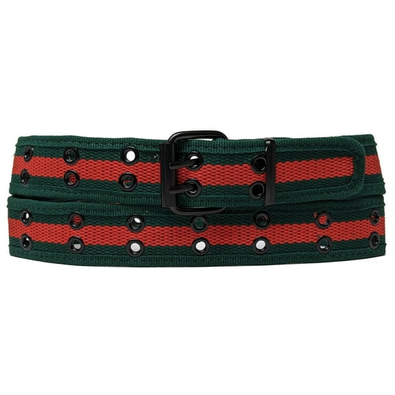 Dark Green / Red 2 Holes Row Metal Grommet Stitched Canvas Fabric Web Belt