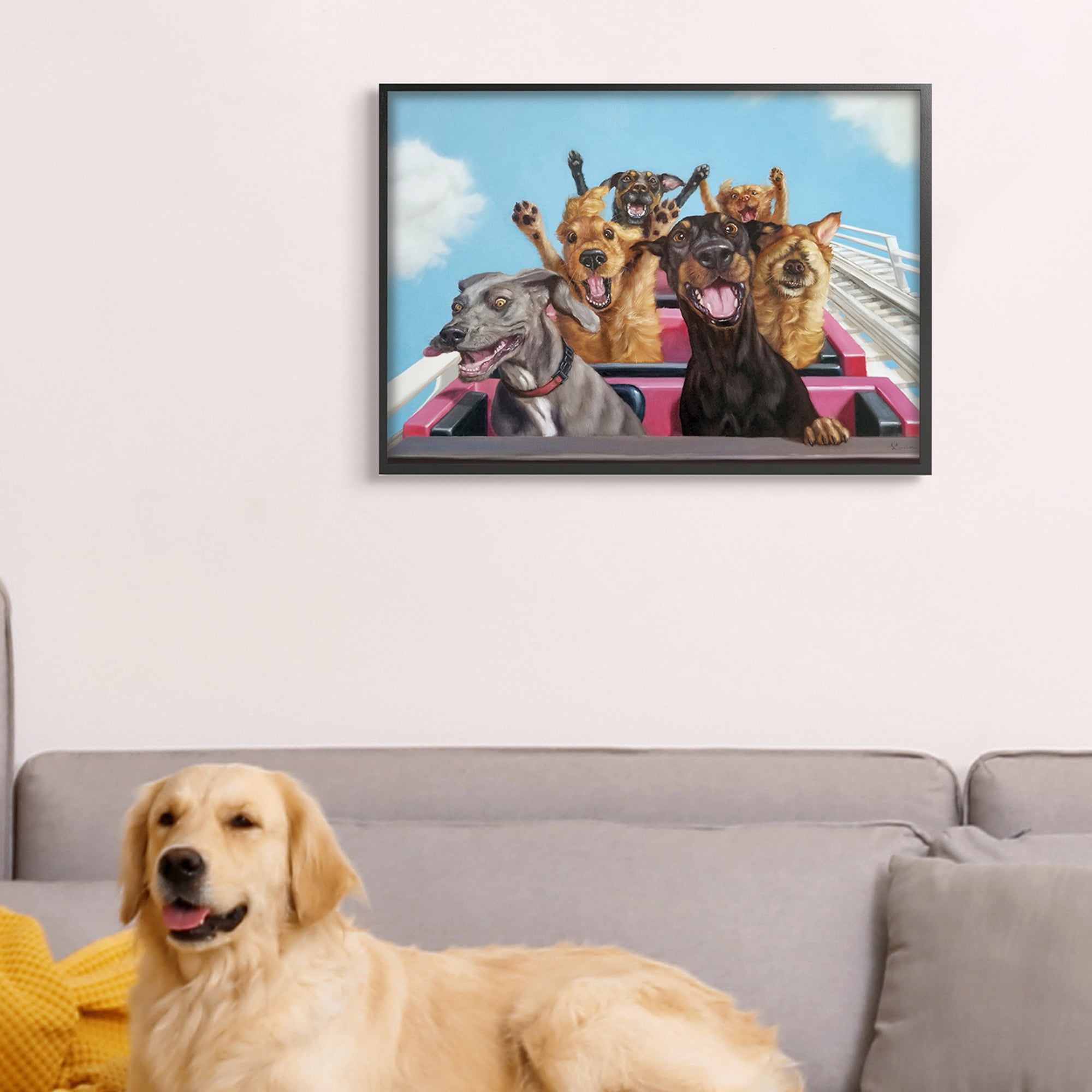 Stupell Industries Dogs Riding Roller Coaster Funny Amusement Park Animals & Insects Painting Black Framed Art Print Wall Art, 24 x 30