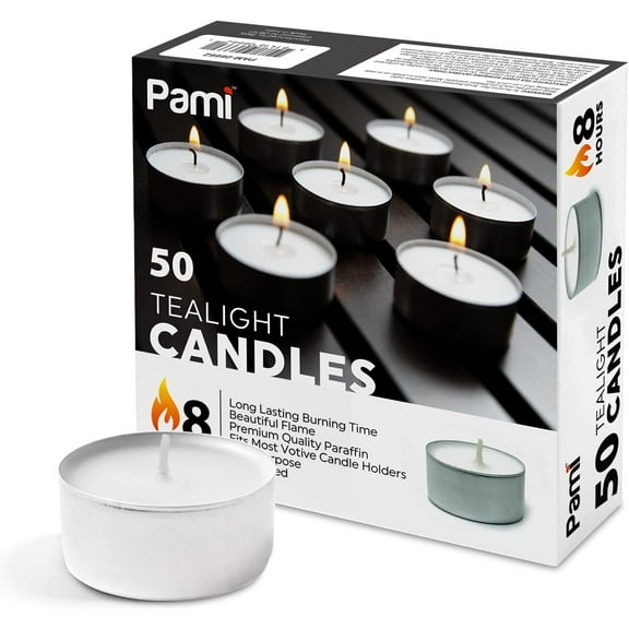 PAMI Unscented Tealight Candles Long-Lasting Paraffin Tea Lights Tea Candles, White 50-Pack