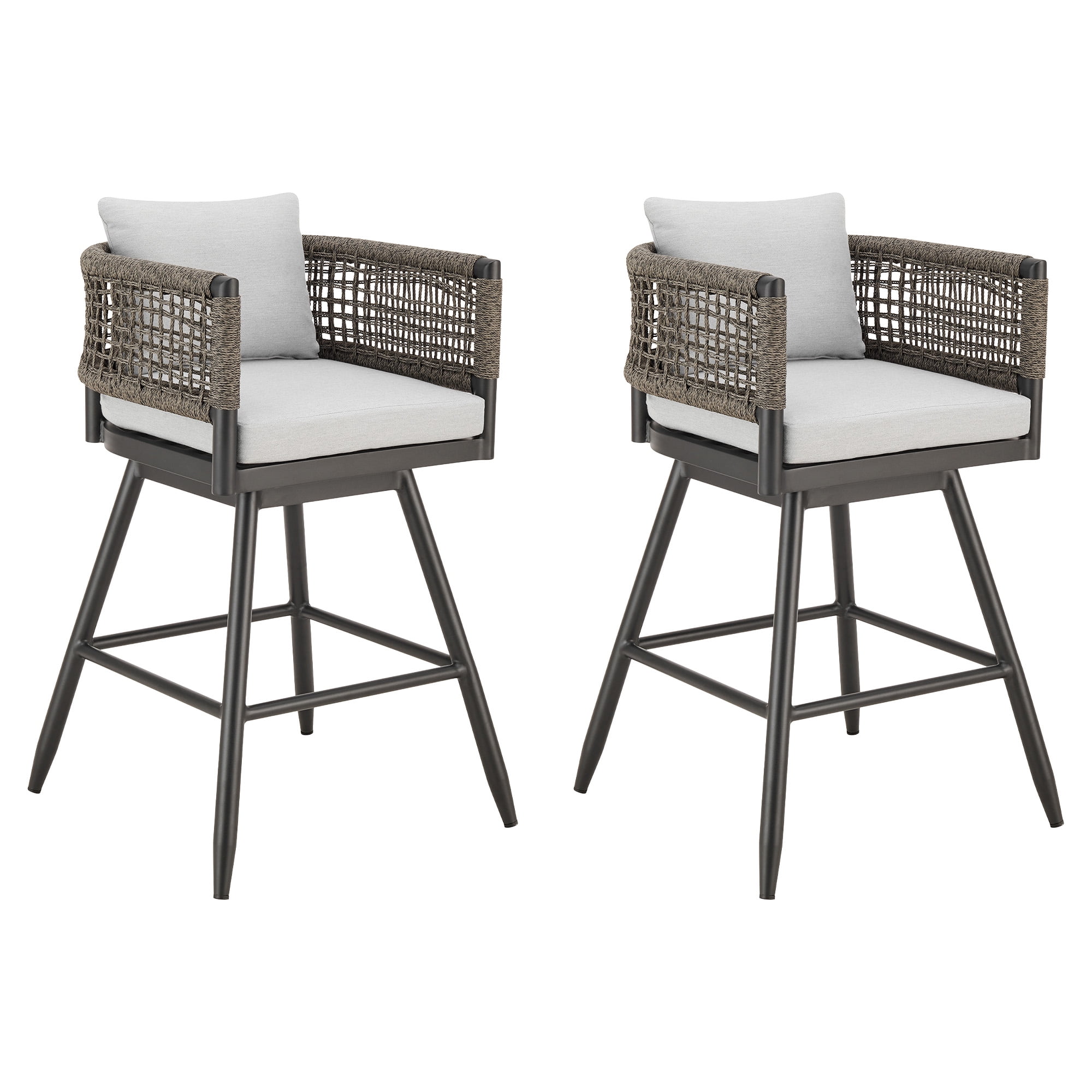 Alegria Outdoor Patio Swivel Counter Stool in Aluminum with Gray Rope and Light Gray Cushions - Set of 2