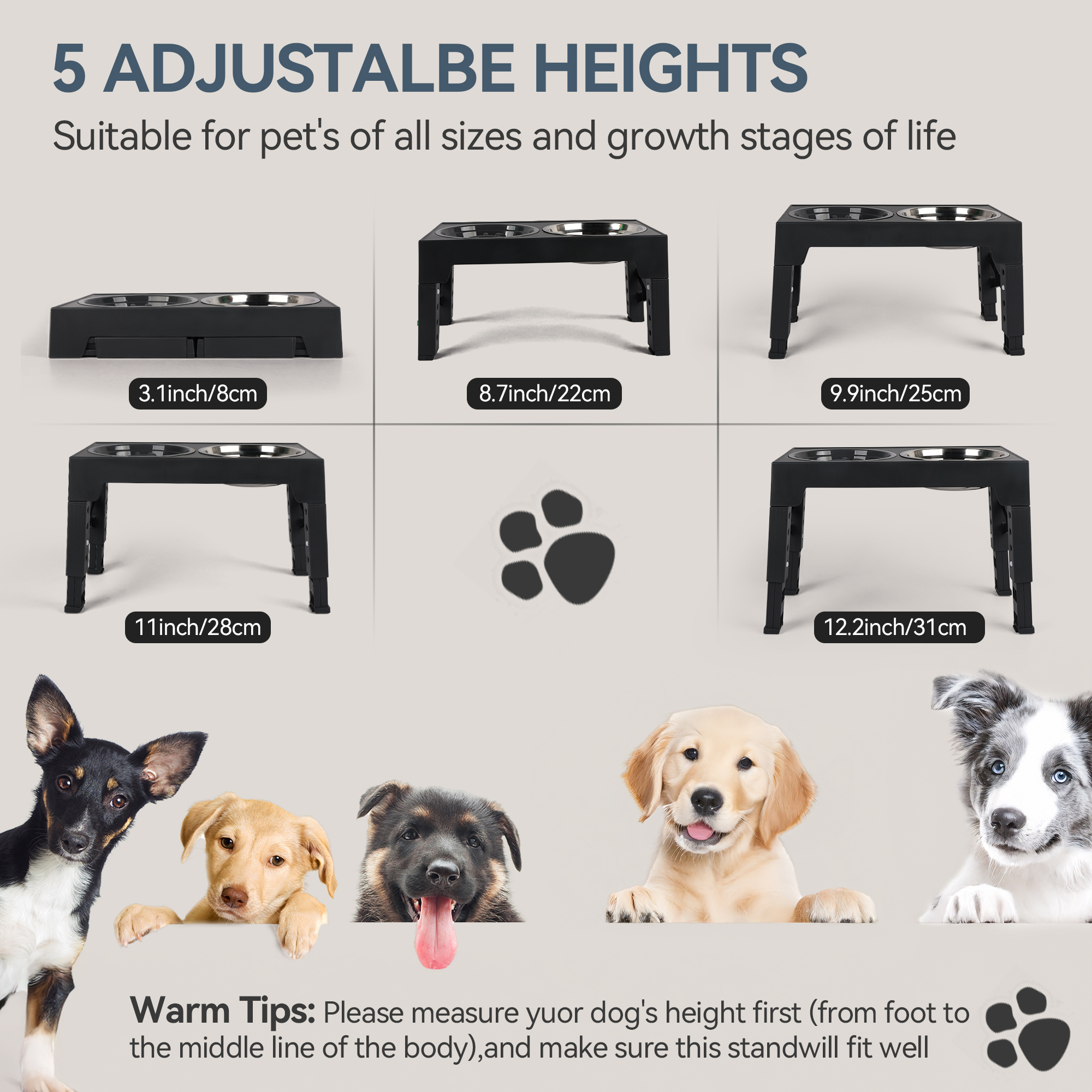 Raised Dog Bowls with 5 Adjustable Heights, Elevated Stainless Steel Cat Bowls & Slow Feeder Bowl, Pet Feeding Station for Small Medium & Large Dogs &Cats