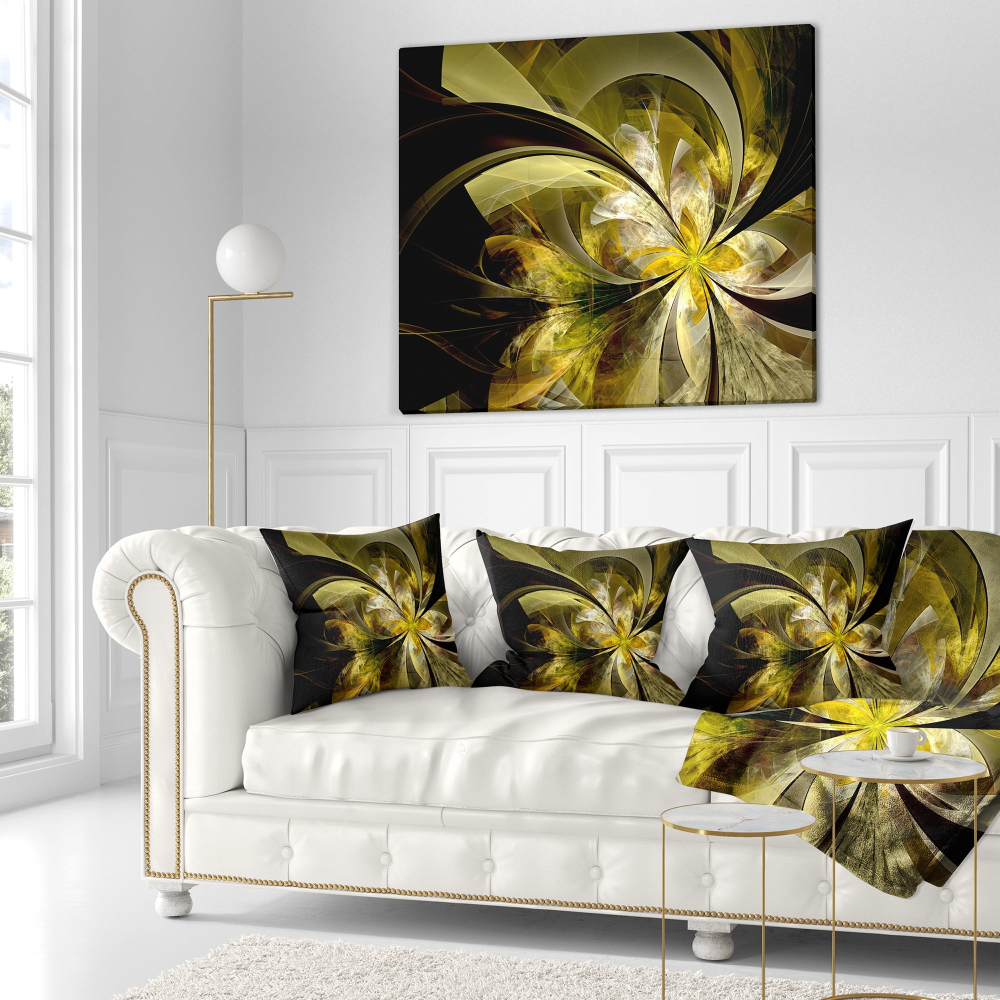 Designart Bright Golden Fractal Flower Design - Floral Throw Pillow - 16x16