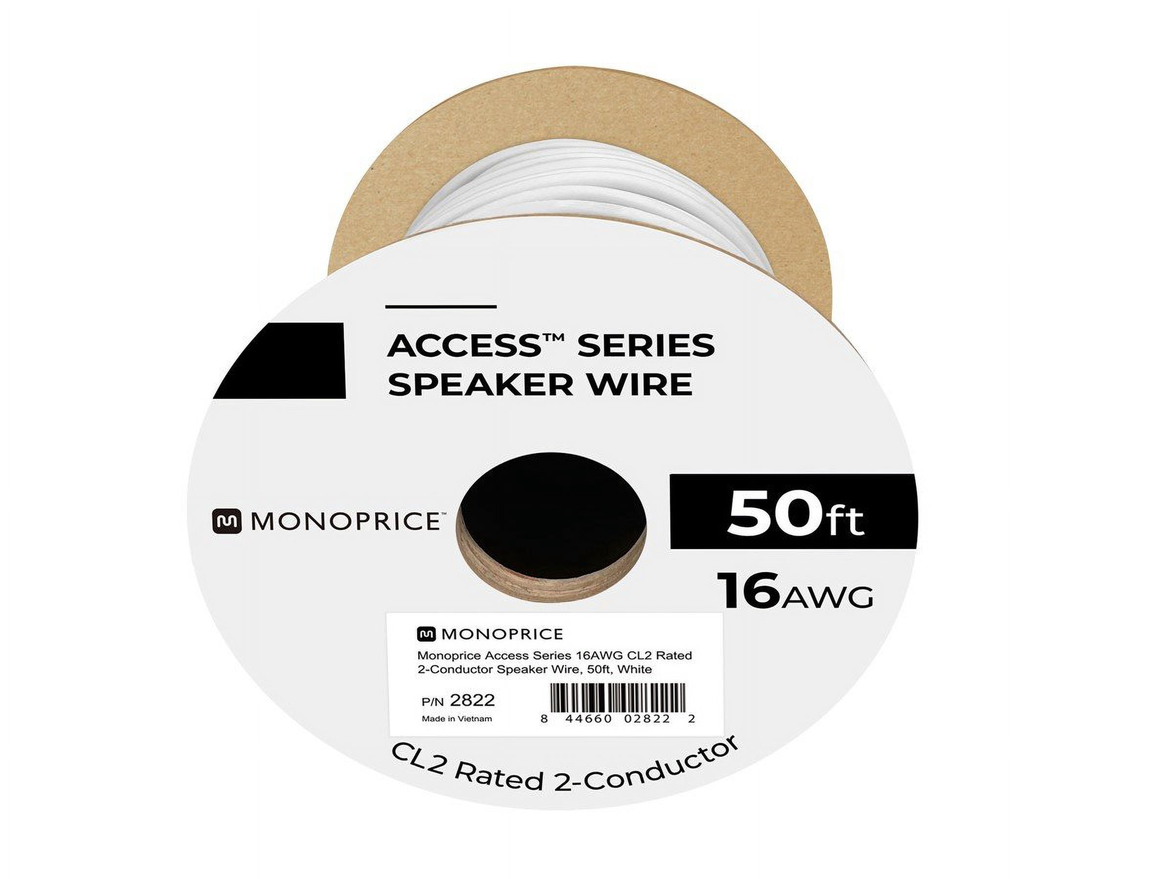 Monoprice Speaker Wire, CL2 Rated, 2-Conductor, 16AWG, 50ft, White