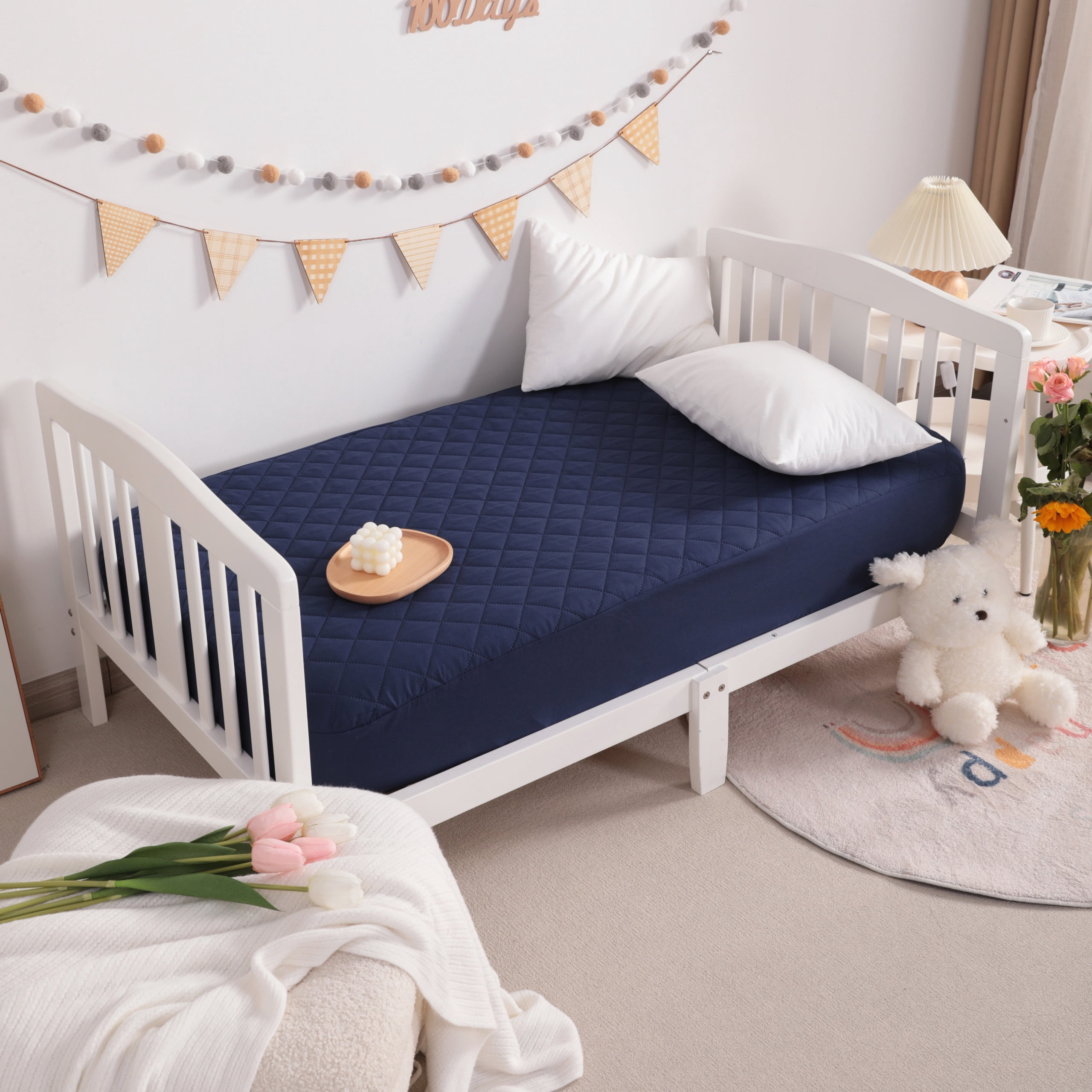 Super Soft and Quilted Toddler Waterproof Fitted Sheets Set of 2, Machine Washable Crib Mattress Protectors with Deep Pocket, Toddler-Mini, 24 x 38 Inches, Navy Blue