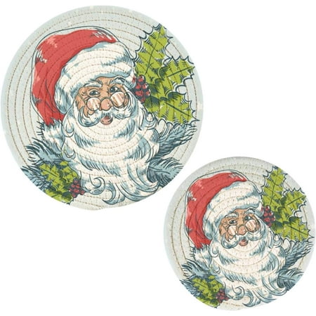 

Bestwell set of 2 Vintage Santa Claus Retro Holly Trivets Pot Holders， Hot Pads Table Mats Placemats Set for Cooking and Baking Cotton Braided Hot Pads 7in+9in