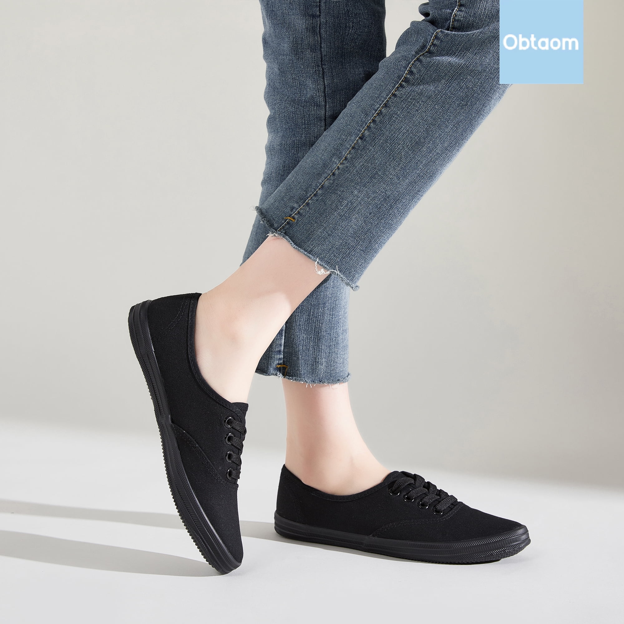 Obtaom Women’s Canvas Sneakers Fashion Lace up Canvas Shoes,Low Top Casual Flat,Lightweight Tennis Shoes.(All Black,US7)