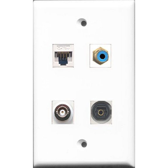 RiteAV 1 Port RCA Blue and 1 Port Toslink and 1 Port BNC and 1 Port Cat5e Ethernet White Wall Plate
