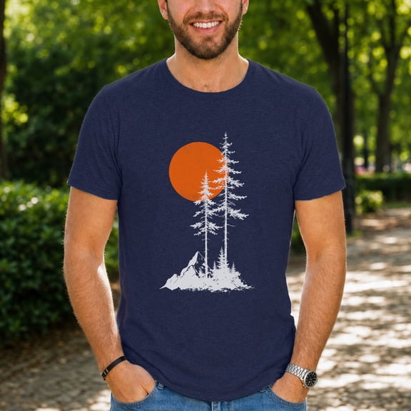 Jollimate Mountain Pine Sun Graphic Shirt, Vintage Nature Art Tee, Men's Outdoor Short Sleeve