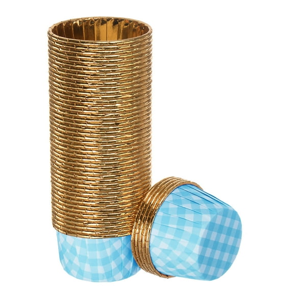 Uxcell Gold Blue Plaid Cupcake Cups, Aluminum Foil Standard Cupcake Liners 50 Pack