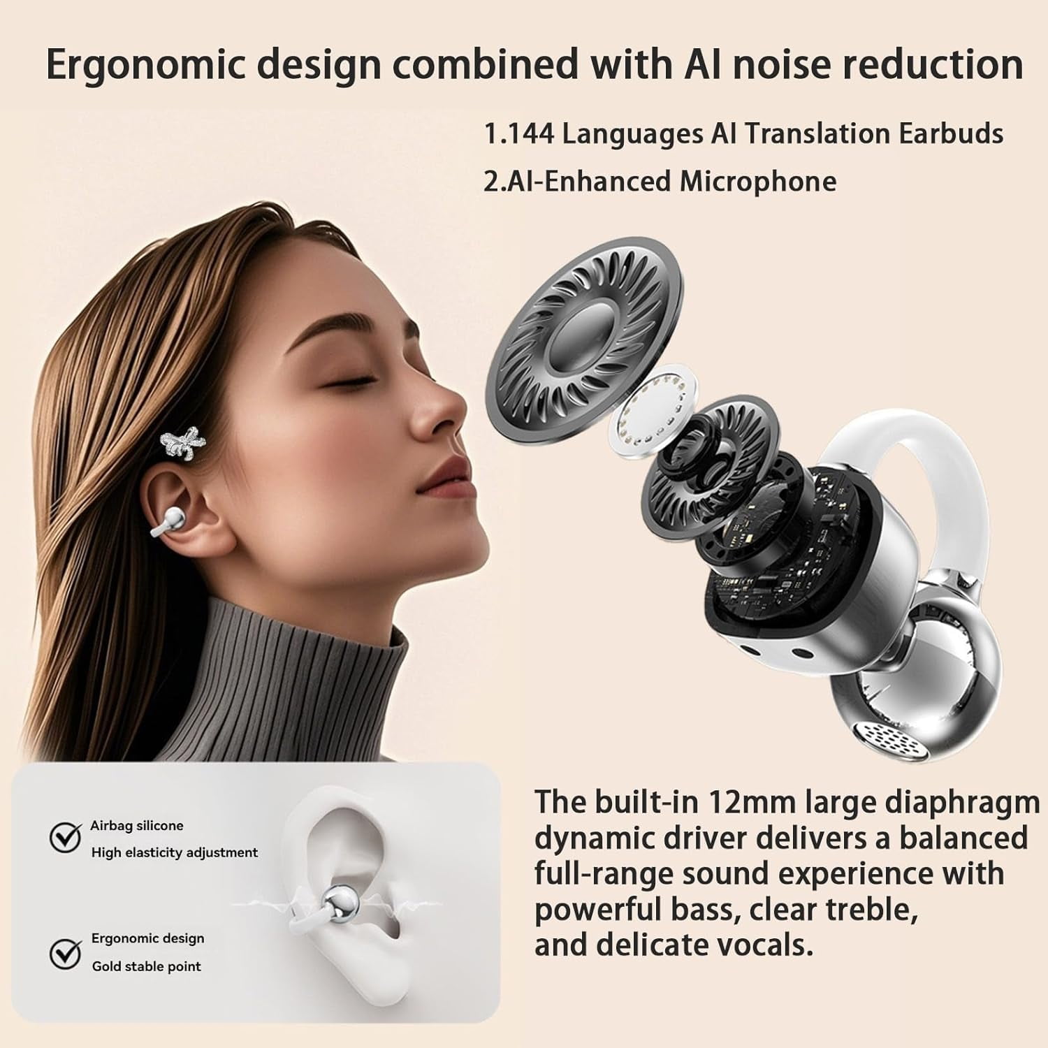 Clip-On Open Ear Bluetooth Headphones with AI Translation & Noise Cancelling - IPX7 Waterproof, Rhinestone Design, 144 Languages, Wireless Earbuds for Women (Purple) P