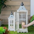 thumbnail image 5 of Gzxs Farmhouse Wood Lanterns Set of 2, 27.4" & 18.3" H Ivory White Decorative Candle Holders with Glass Shade & Metal Top, Hanging Lanterns for Garden Patio Wedding Parties (No Candles), 5 of 9