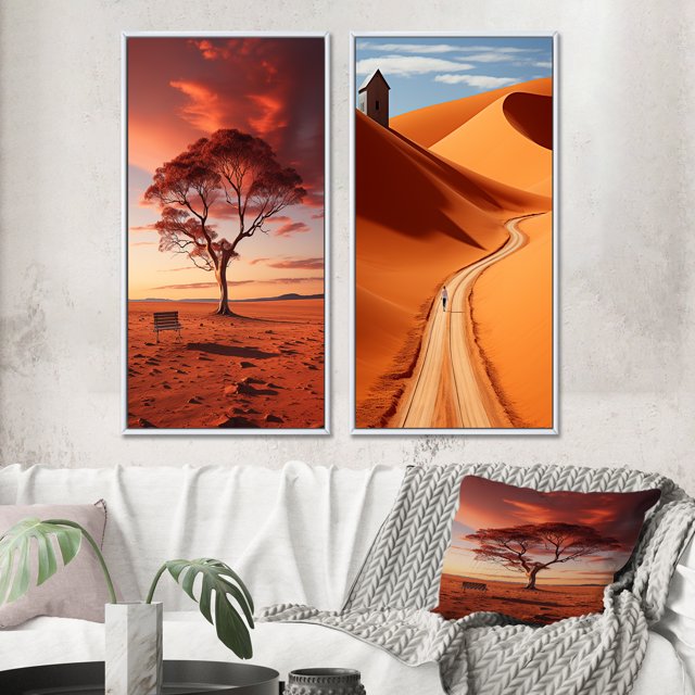 Designart "Australia Red Centre silence II" Australia Framed Wall Art Set Of 2 - Pink Landscapes Framed Canvas Set For Living Room Decor