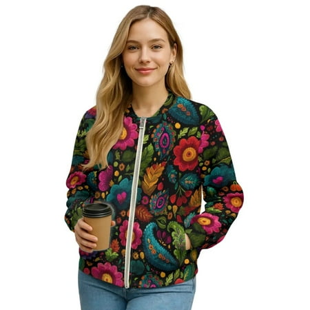 DISNIMO Floral Printed Women Sweatshirts Zip Up Jackets Long Sleeve Outwear V Neck Sweatshirts for Fall Winter L