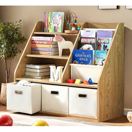 Kids Bookshelf and Toy Storage Organizer, Montessori Nursery Book Shelves with 3 Tier Sling Rack & Fabric Toy Bins, Children Toddler Baby Bookshelf, Wooden Toy Shelf for Kids Room Playroom