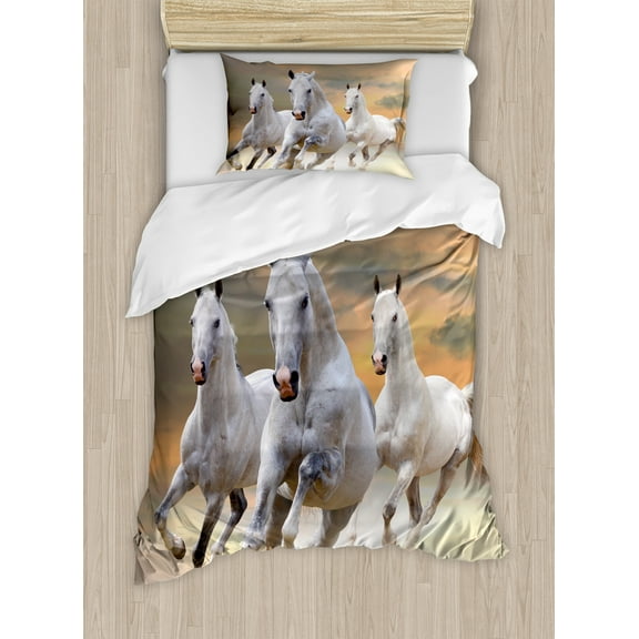 Horses Duvet Cover Set, Stallion Horses Running on a Sky Background Male Champions Print, Decorative 2 Piece Bedding Set with 1 Pillow Shams, Twin Size, White Orange, by Ambesonne