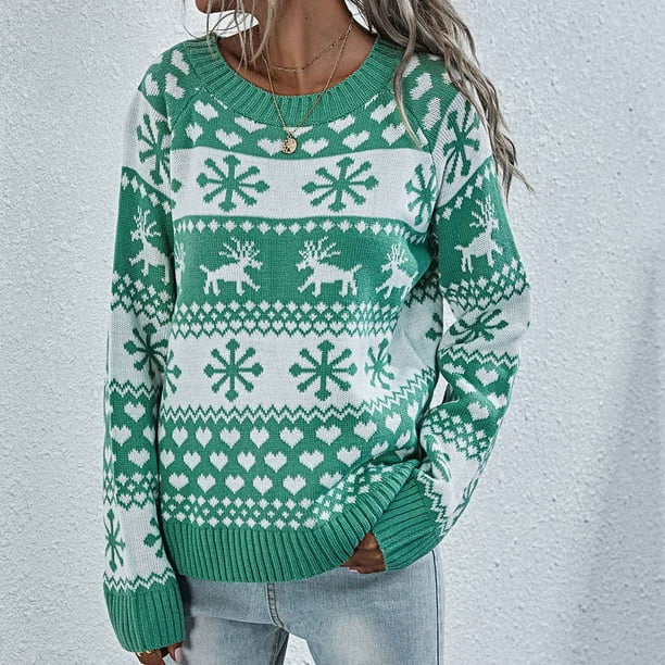 YWDJ Cute Christmas Sweaters for Women Christmas Elk Snowflake Christmas  Tree Ladies Casual Print Long Sleeve Round Neck Pullover Sweater Top Blue XL