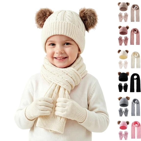 Sentuca Kids Winter Hat Gloves Scarf Set, Girls Boys Hat Beanie Pom Knitted Scarves Cute Bear Ear Warm Accessory White Size 3-12Y