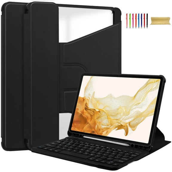 For Samsung Galaxy Tab S9  Plus/ Galaxy S9 FE  Plus Case, Clear Back Cover Rotating Kickstand Shockproof Premium PU Leather Anti-Yellowing Case with Pen Holder (No Keyboard), Black