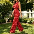 thumbnail image 2 of Women 2 Piece Summer Polka Dot Matching Outfit Set, Sleeveless Crop Top Tie Waist High Rise Wide Leg Pants Slim Fit Casual Vacation Tracksuit Red M(M), 2 of 6