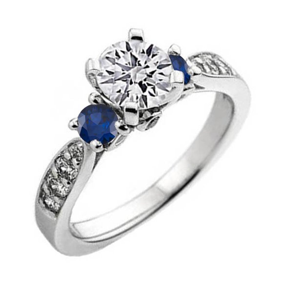 Dazzlingrock Collection 14K Round Blue Sapphire & White Diamond Ladies 3 Stone Bridal Engagement Ring, White Gold, Size 7.5