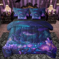Homewish Cartoon Dragon 7-Piece Bedding Comforter Set,Magic Animal King Bedding Sets,Purple Lotus Bed Sheets For Boys Kids,Breathable Home Decor Reversible