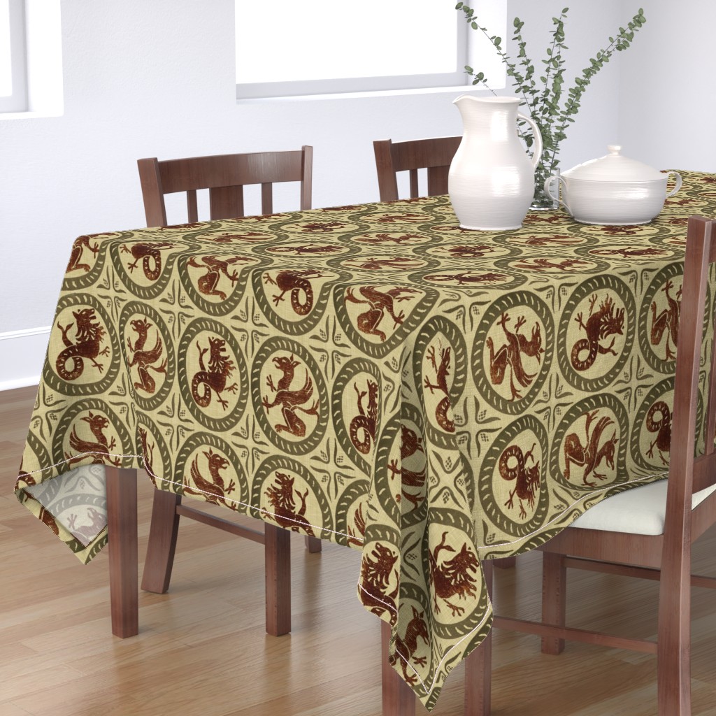 Cotton Sateen Tablecloth, 70" Square Century Dragon Tile Medieval Celtic Fantasy Viking