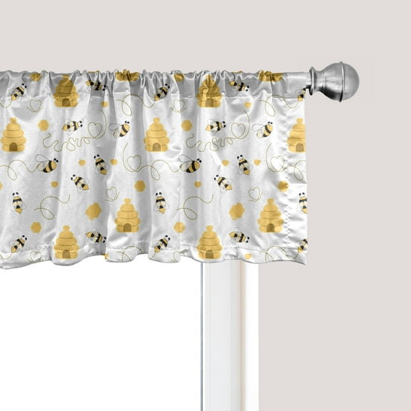 Ambesonne Bee Window Valance, Flying Bugs Hearts Beehives, 54" X 18", Mustard White