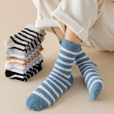 

1 Pair Men Striped Socks Thickening Keep Warm Coral Fleece Individuality Cold Resistant Middle Tube Socks for D