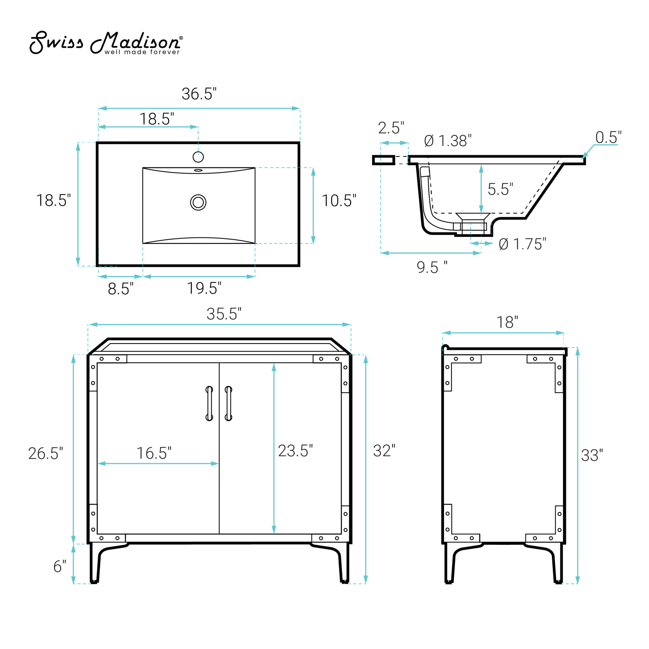 Voltaire 36" Freestanding Bathroom Vanity in White with Sink Top