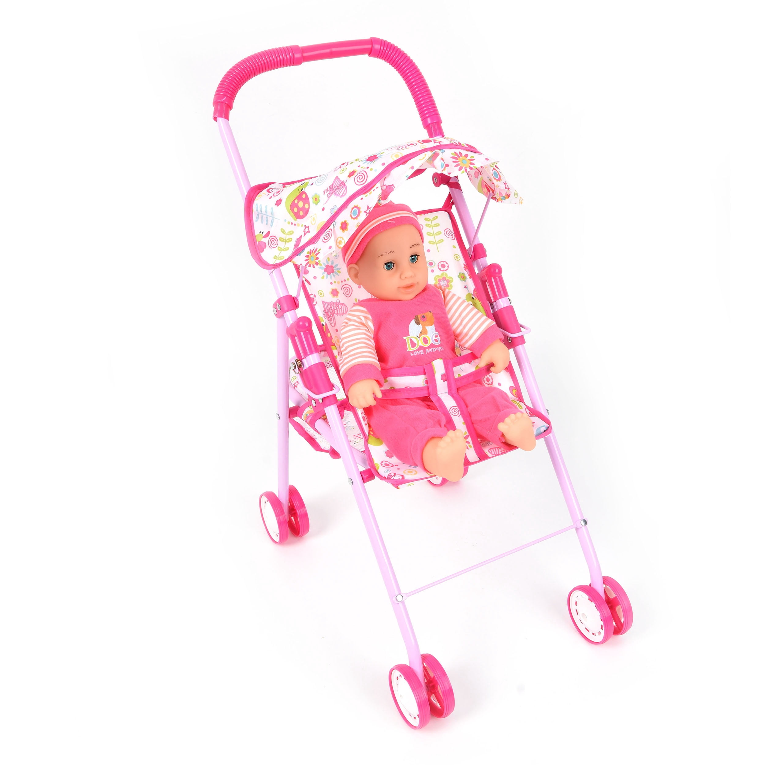 WonderPlay Pretty In Pink Kids Doll Stroller With 14 Inch Doll & 4 Sounds - Red