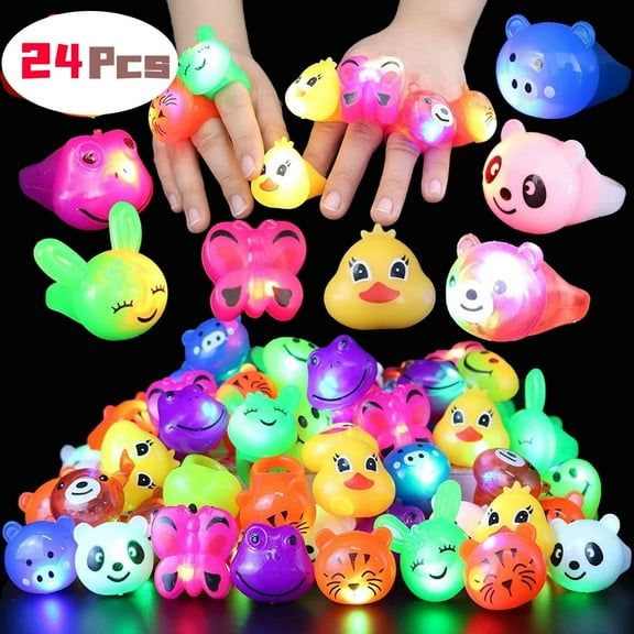 DISEN Party Favors for Kids 24 Pcs Light up Rings Birthday Party Favors Prizes Box Toys Glow Party Supplies