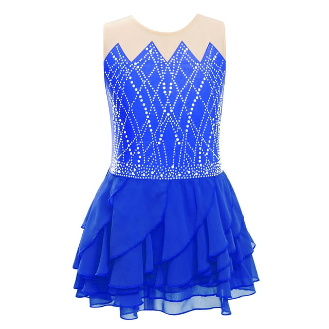 LiiYii Kids Girls Shiny Rhinestone Sleeveless Tiered Ruffle Figure Skating Dance Dress Ballet Tulle Blue 10