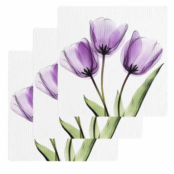 Purple Tulip Kitchen Dish Towels for Drying Dishes Set of 3, Aesthetic Pastoral Flower Floral Spring Waffle Weave Microfiber Hand Tea Bathroom Towels Quick Dry & Absorbent Towel 12x12