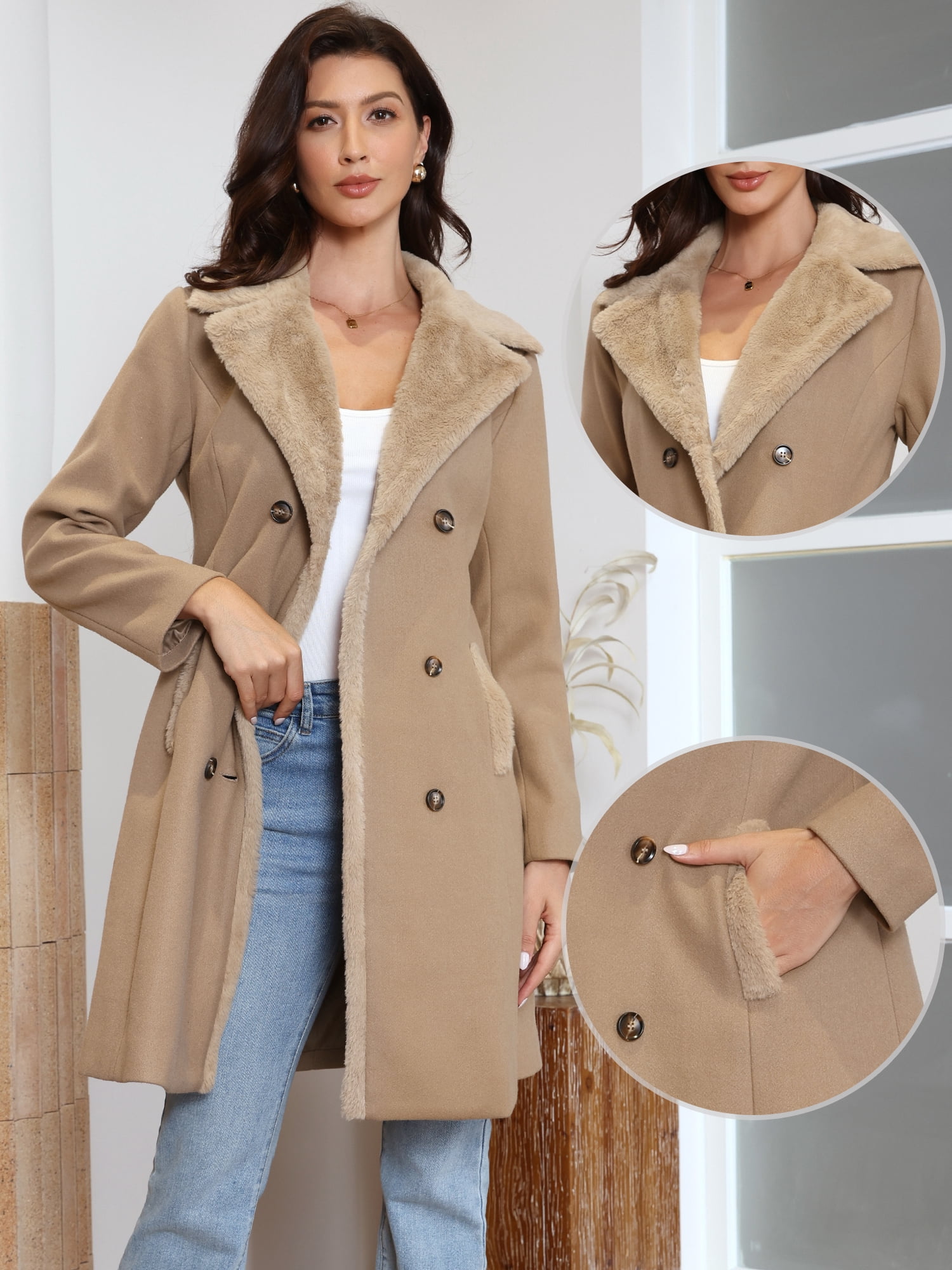 DARING DIVA Women's Winter Coat Faux Fur Collar Double Breasted Long Warm Coats XL Khaki