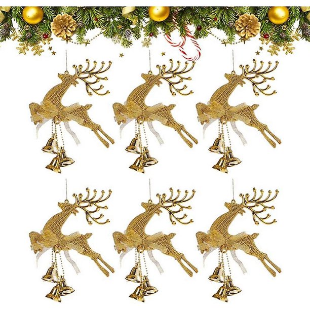 RV Campanas de ciervo de plástico para árbol de Navidad Decoración de alces de Navidad Decoración de árbol de Navidad Colgantes Campanas de ciervo Colgantes de cuerda (6 piezas) brillar Electrónica