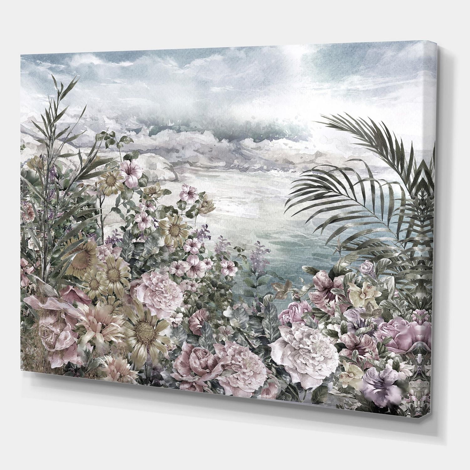 Designart Retro Flowers By The Sea Side Canvas Wall Art