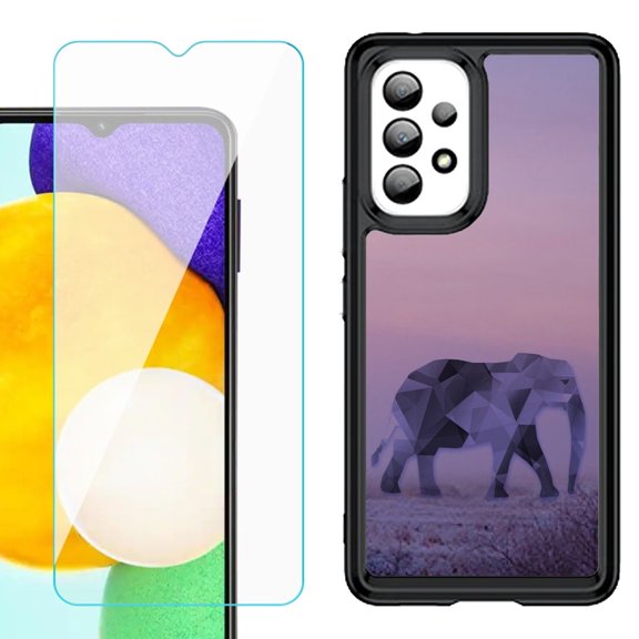 Shockproof Bumper (Black Frame) phone Case for Samsung Galaxy A23 5G, with Tempered Glass Screen Protector, by OneToughShield ® - Twilight Elephant