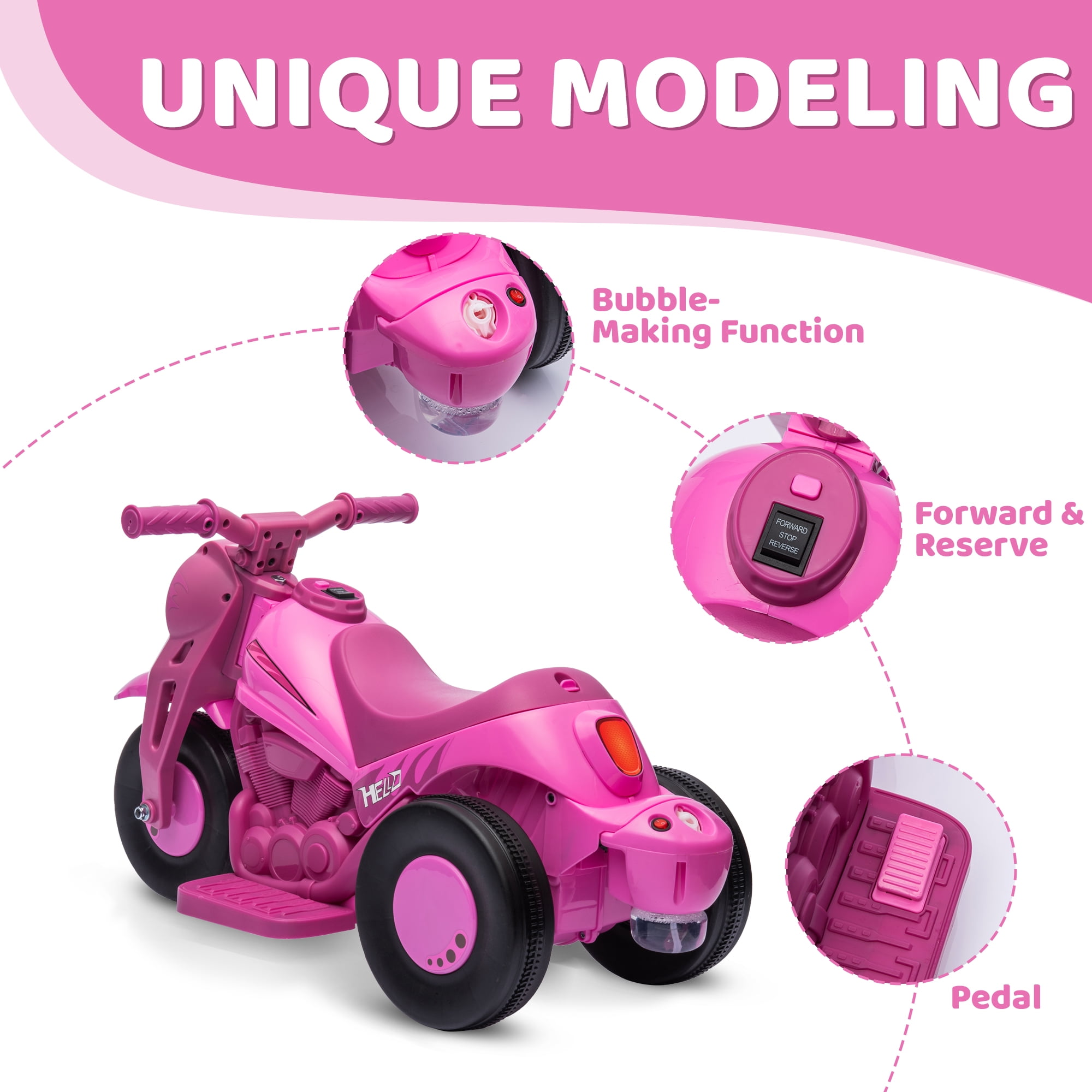Qaba Ride on Motorcycle, 6V Ride on Bubble Car, 3 Wheeled 2 MPH Electric Motorcycle for Kids w/ LED Headlight, Music, Forward & Reserve, Pink
