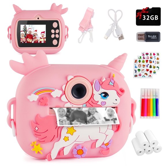 Inadays Kids Camera Instant Print Photos 1080P Selfie Digital Thermal Cameras Christmas Birthday Gifts for Girls Boys Toddler Toys Age 3-12 32GB Card