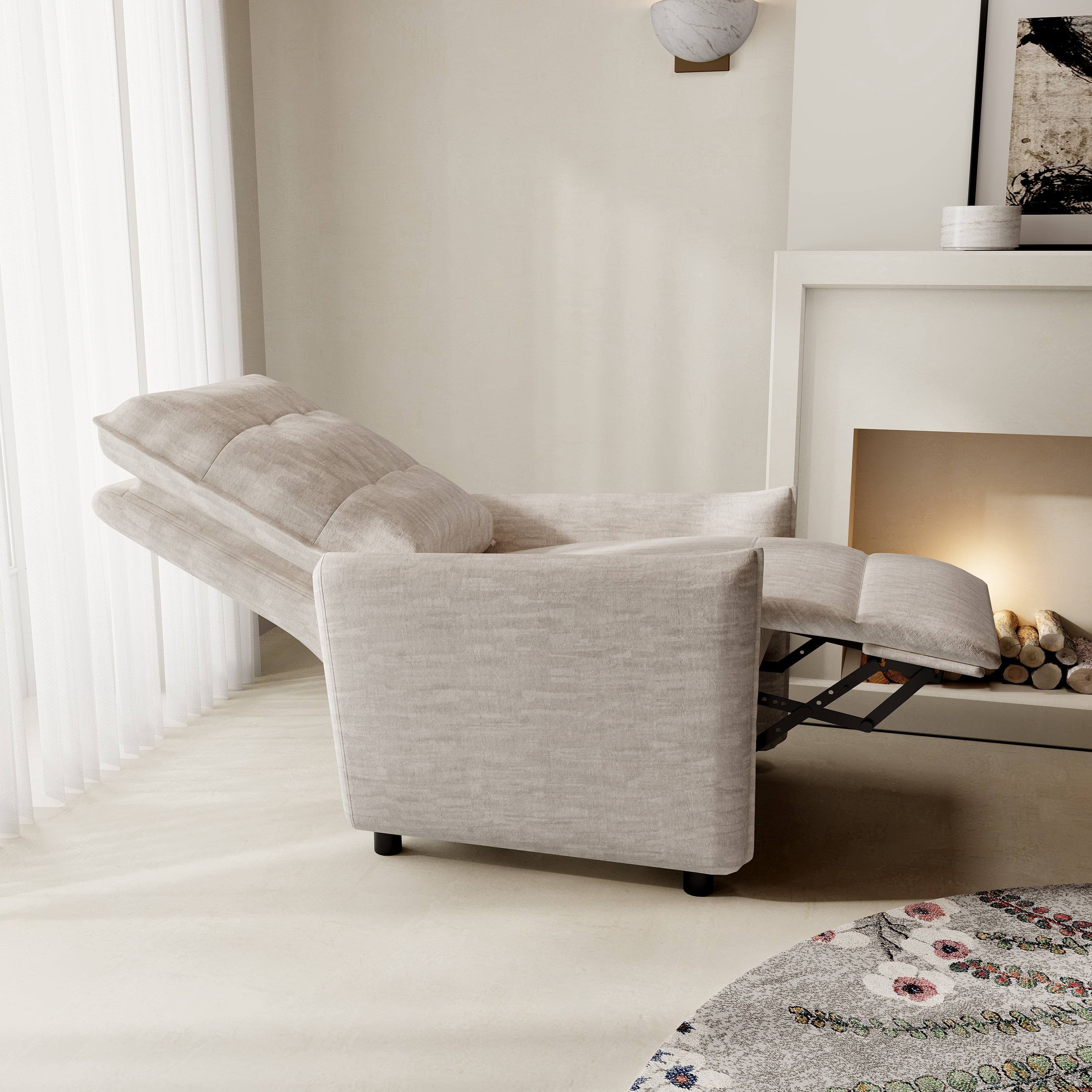 Chenille Fabric Recliner Chair with Manual Push Back Recline, Overstuffed High-Density Foam & Metal Frame, Adjustable Footrest for Living Room, Beige