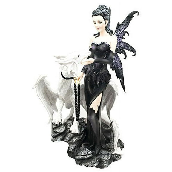 Gothic Dark Fairy Sorceress With Chained White Young Dragon Figurine Fairyland Meadows Collectible Statue