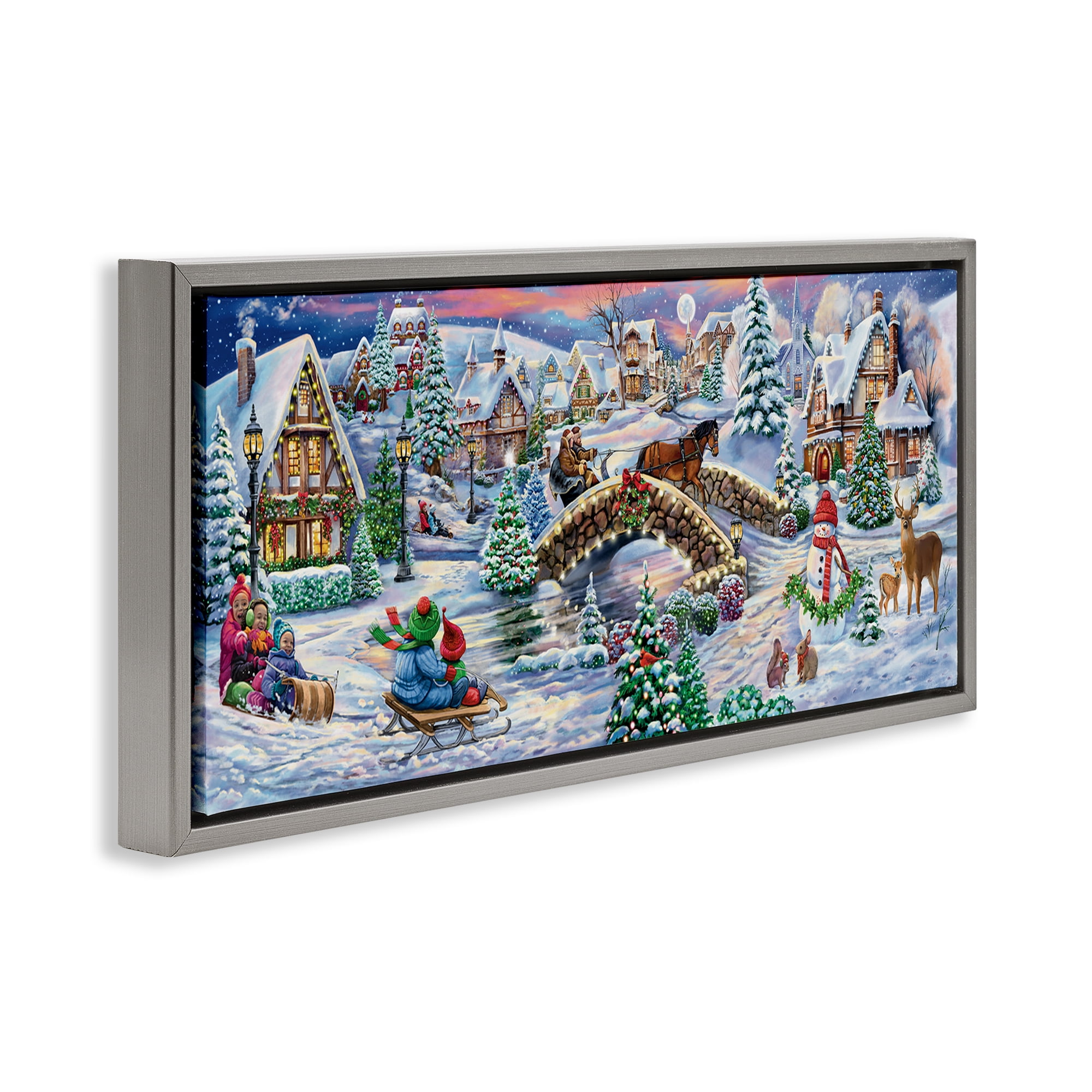 Stupell Industries Snowy Winter Townscape Holiday Painting Gray Floater Framed Canvas Art Prints Wall Art, 31 x 14