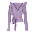 thumbnail image 3 of Yuyuzo Womens Cropped Sweaters Wrap V Neck Jumper Tops Tie Waisted Ruffle Shoulder Knitwear Dressy Blouse, 3 of 5