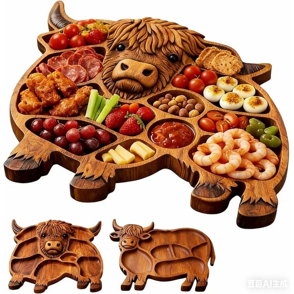 Highland Cute Cow Wooden Charcuterie Board, Wooden Cow Food Platter, Appetizer Board, for Snack Fruit Meat Cheese Home Party Banquet Family Gathering Dining Table Holiday Kitchen