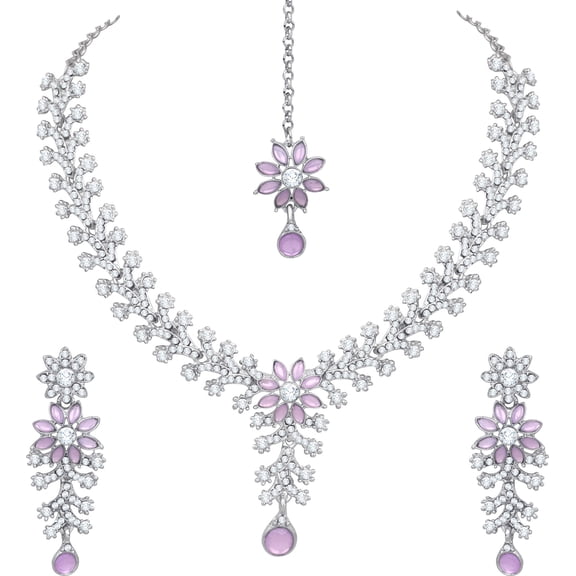 Parshwa Creations Indian Bollywood Fashion Women's Silver Plated Jewelry Set, Rhinestone, Kundan Necklace Earrings