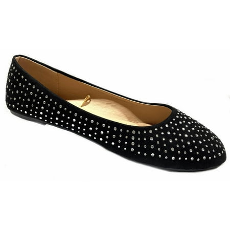 

Womens Faux Suede Rhinestone Ballerina Ballet Flats Shoes 5/6 4021 Black/Silver