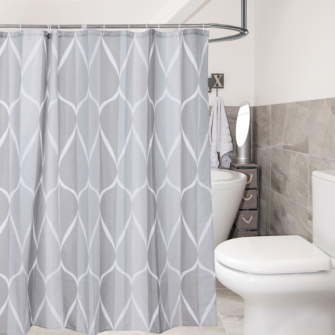 Grey Shower Curtain 100 Polyester Fabric Curtains with 12 Hooks for